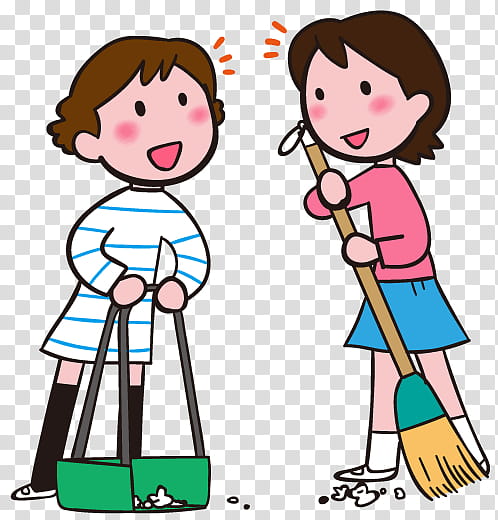 Two smiling girls cleaning together-one holds a dustpan and brush, the other sweeps with a broom.