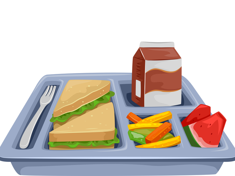 School lunch tray with sandwich, milk carton, carrot and celery sticks, watermelon slices, and fork.