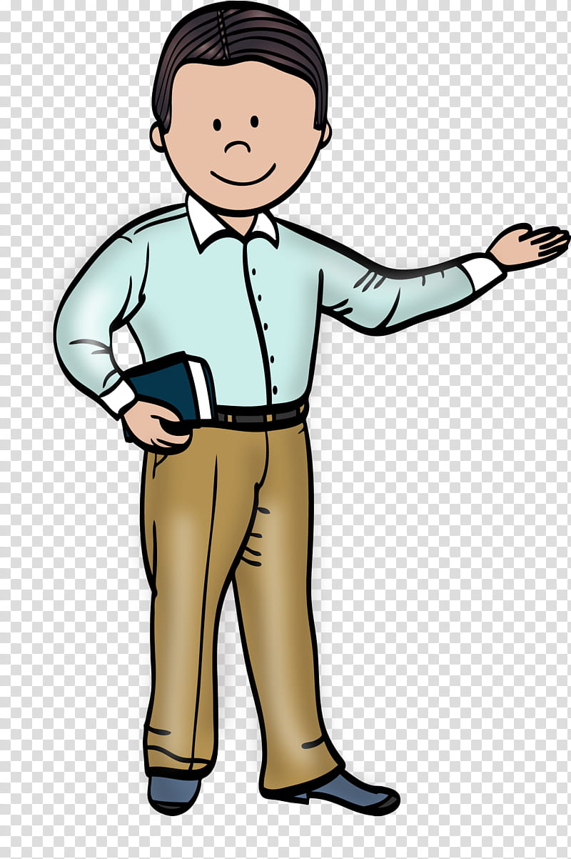 Friendly cartoon man in light blue shirt and tan pants holding a book, gesturing warmly.