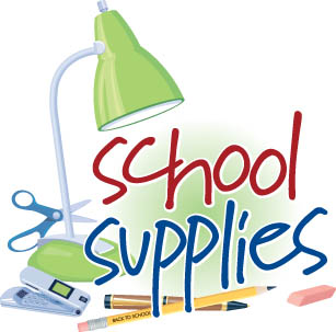 Colorful illustration of school supplies including a green lamp, scissors, calculator, pencils, and eraser with "School Supplies" text.