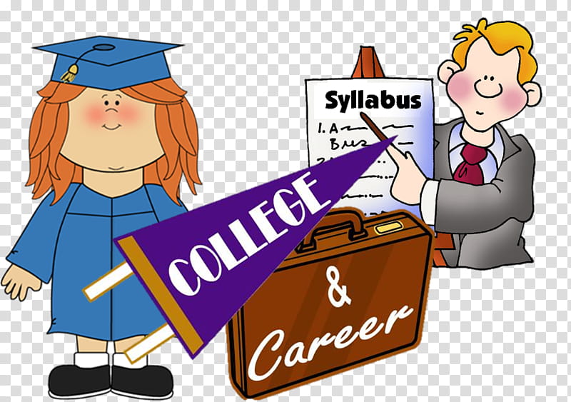 Graduating student with diploma flag, briefcase labeled "College & Career", and advisor reviewing syllabus.