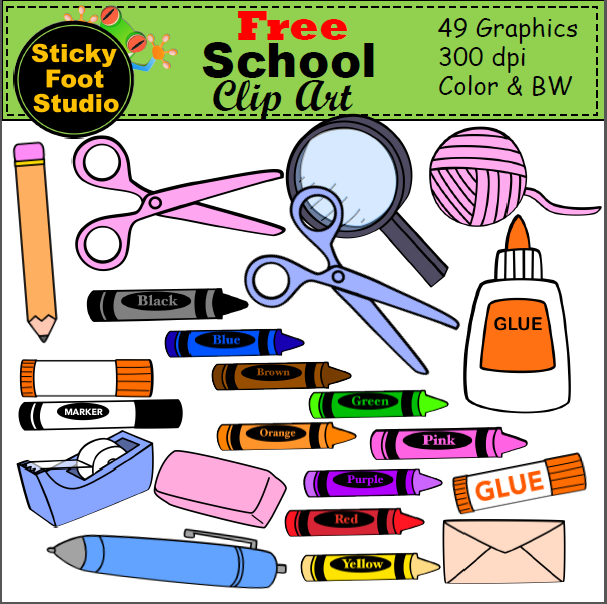 Free school clip art set featuring scissors, glue, crayons, pencil, marker, eraser, magnifying glass, yarn, and envelope-color and black & white versions.