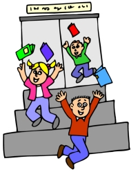 Three joyful children jumping with money and shopping bags outside a store, symbolizing savings or shopping success.