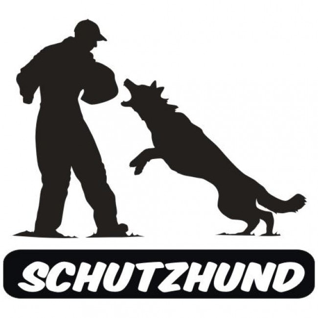 Silhouette of a handler in protective gear training a leaping guard dog, labeled "SCHUTZHUND".