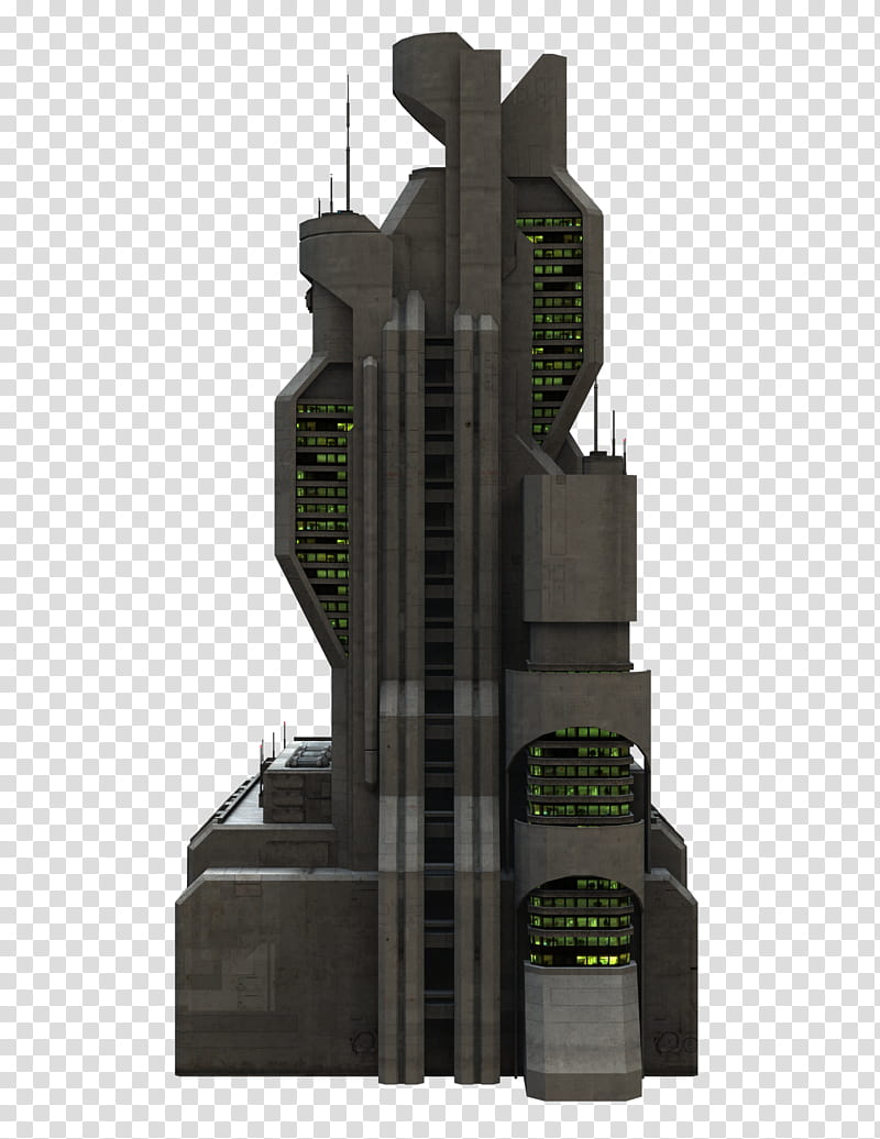 Futuristic sci-fi skyscraper with angular concrete architecture and glowing green windows.