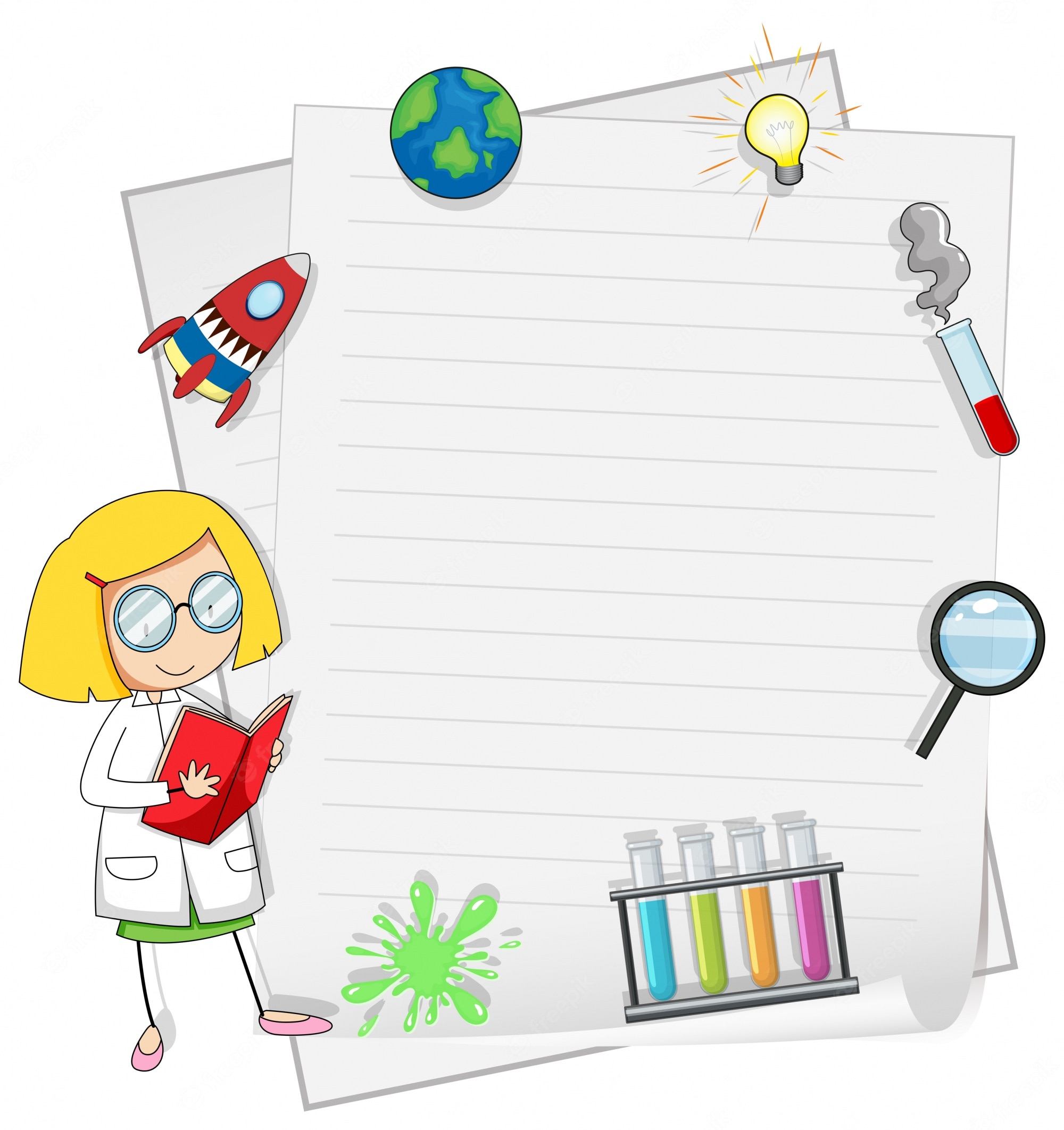 A cartoon girl scientist in a lab coat reads a book beside lined paper decorated with science icons: rocket, Earth, lightbulb, test tubes, magnifier, and green splash.