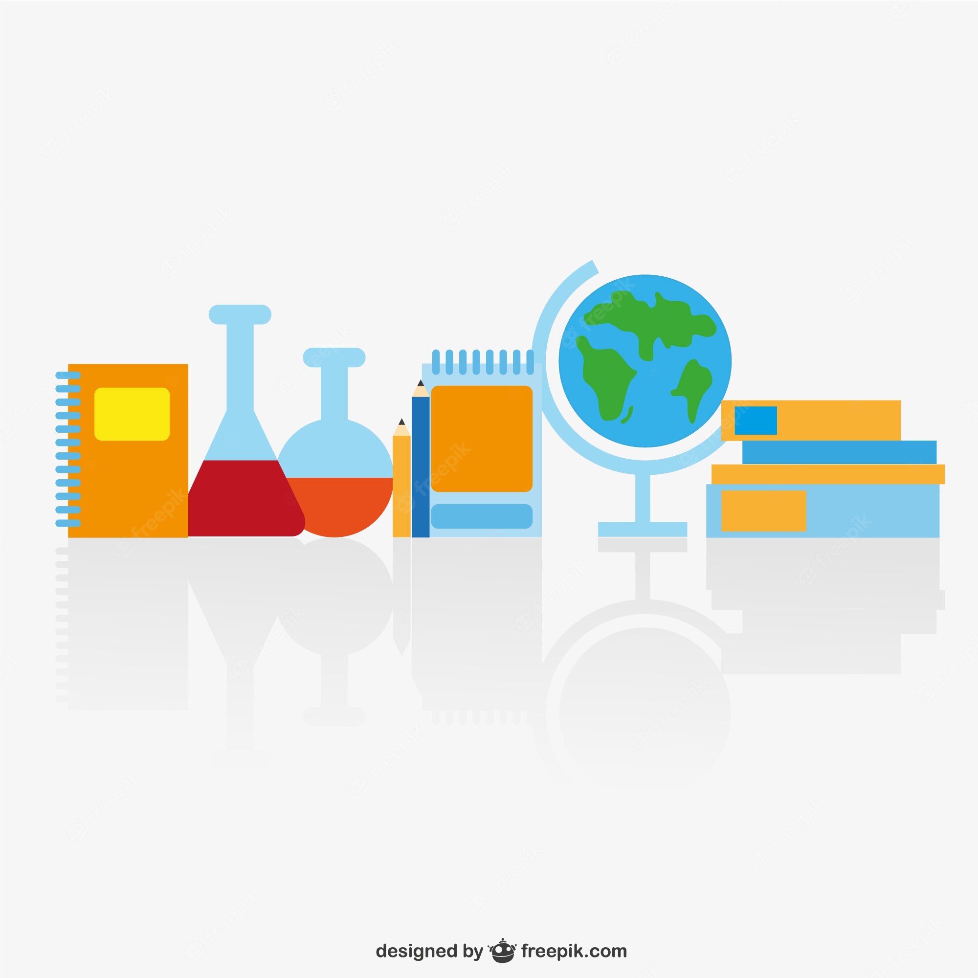 Flat design illustration of educational items including books, beakers, pencils, and a globe on a reflective surface.