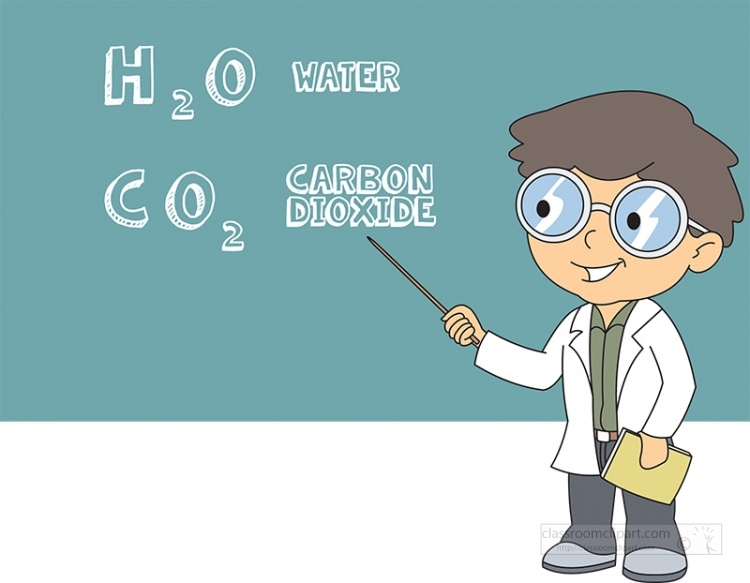 Cartoon scientist in lab coat points to chemical formulas H₂O (water) and CO₂ (carbon dioxide) on a chalkboard.