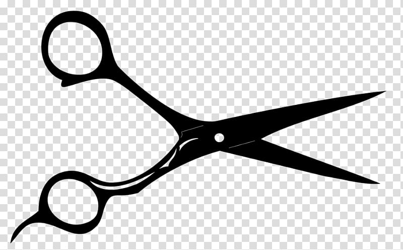 Black silhouette of professional hairdressing scissors with ergonomic finger loops and sharp blades on transparent background.