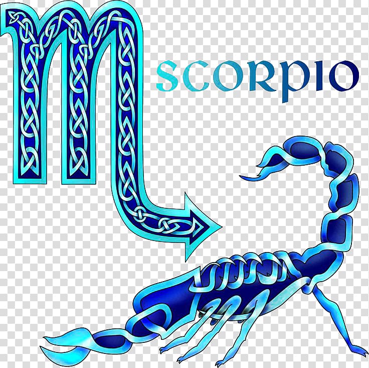 Celtic-style blue Scorpio zodiac symbol with ornate 'M' glyph and scorpion illustration on transparent background.