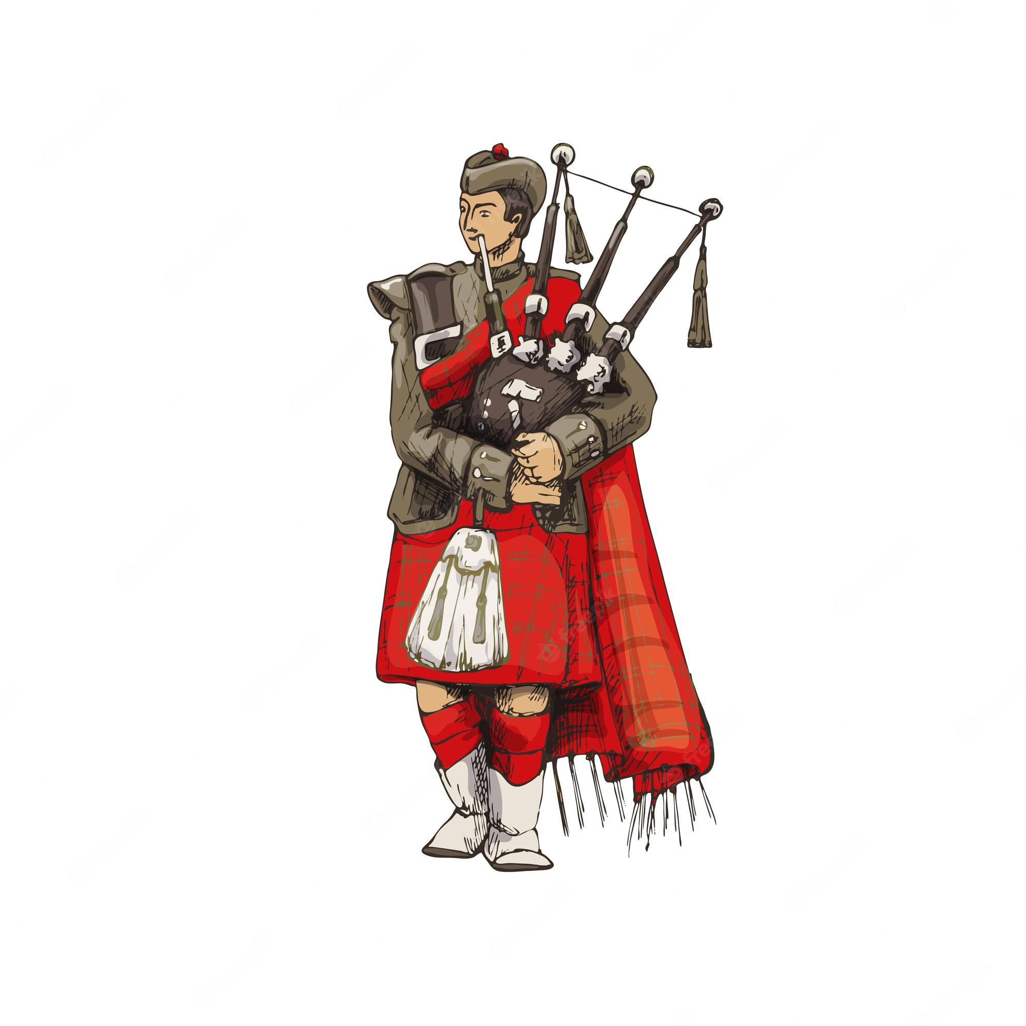 A Scottish bagpiper in traditional red tartan kilt, sporran, and Glengarry cap playing the Great Highland Bagpipes.