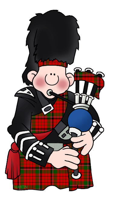 Cartoon Scottish bagpiper in traditional kilt and bearskin hat playing bagpipes.