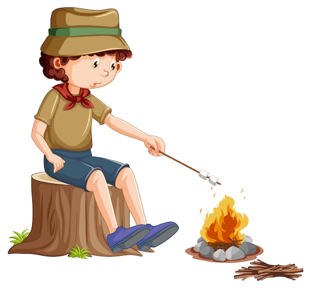 A scout child roasting marshmallows over a campfire while sitting on a tree stump.