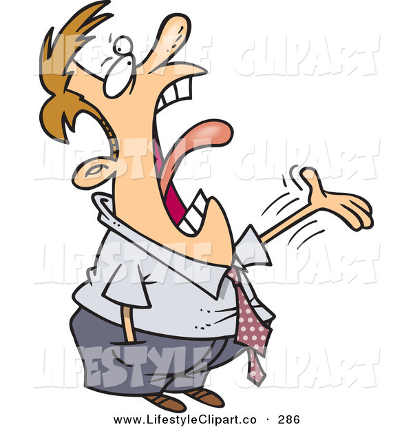 Cartoon man in business attire shouting with wide-open mouth and flailing arm, expressing frustration or surprise.