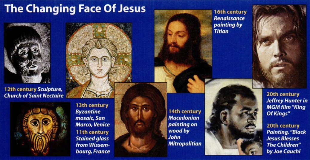 Evolution of Jesus’ depiction across centuries: from 12th-century sculpture to 20th-century film and painting.