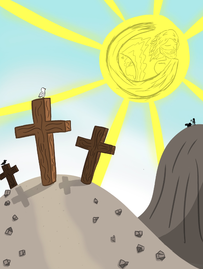 Three wooden crosses on a hill under a radiant sun with Jesus’ face; a dove perches on the central cross.