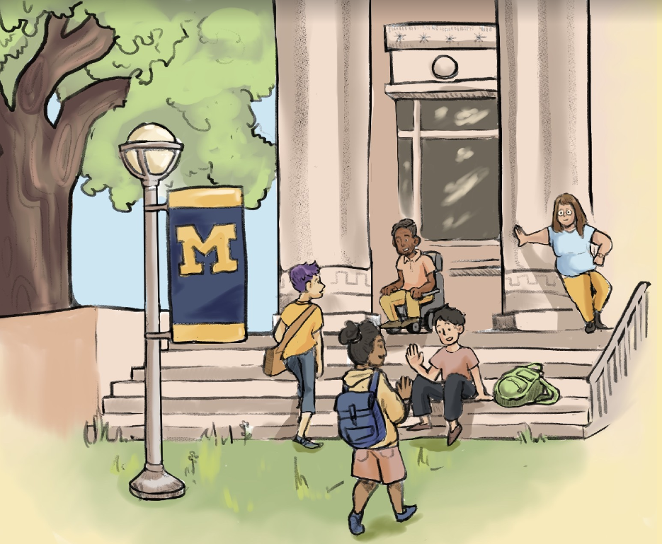 Diverse students gather on campus steps near a University of Michigan banner and classical building entrance.