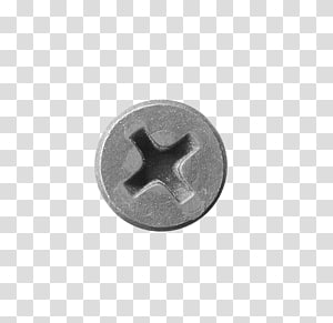 Close-up of a metallic Phillips head screw with a cross-shaped drive recess on a transparent background.