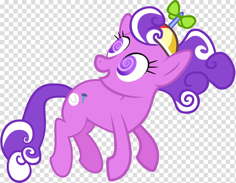A purple cartoon pony with spiral eyes, curly mane and tail, wearing a candy-themed horn accessory.