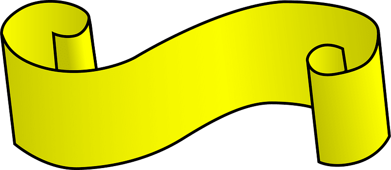 Bright yellow ribbon banner with curled ends, outlined in black, on a dark green background.