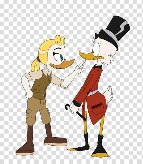 A confident female duck in explorer attire points at a surprised male duck in a top hat and red coat holding a cane.