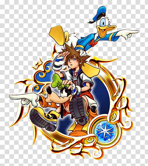 Sora, Donald Duck, and Goofy in dynamic Kingdom Hearts pose with ornate frame and Keyblade motif.