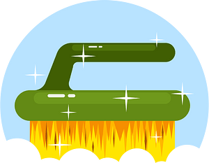 Green cleaning brush with yellow bristles and sparkles, symbolizing cleanliness and scrubbing power.