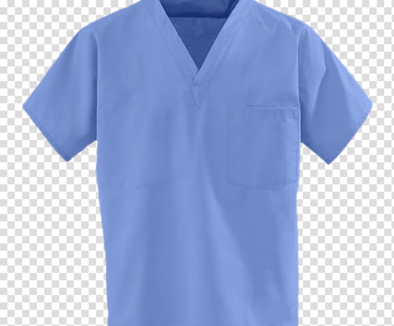 Light blue short-sleeve medical scrub top with V-neck and left chest pocket, isolated on transparent background.