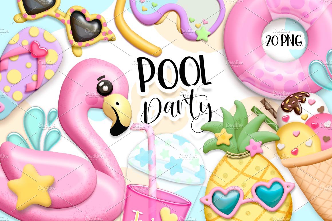 pool party watercolor png Stock Illustration
