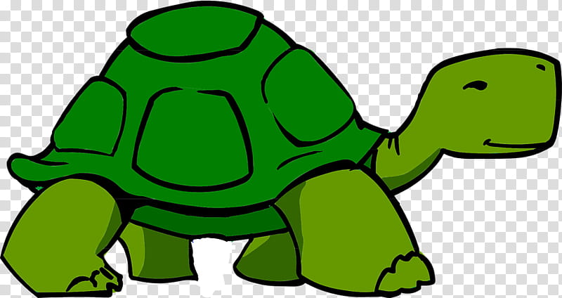 Green cartoon turtle with smiling face, walking pose, and segmented shell on transparent background.