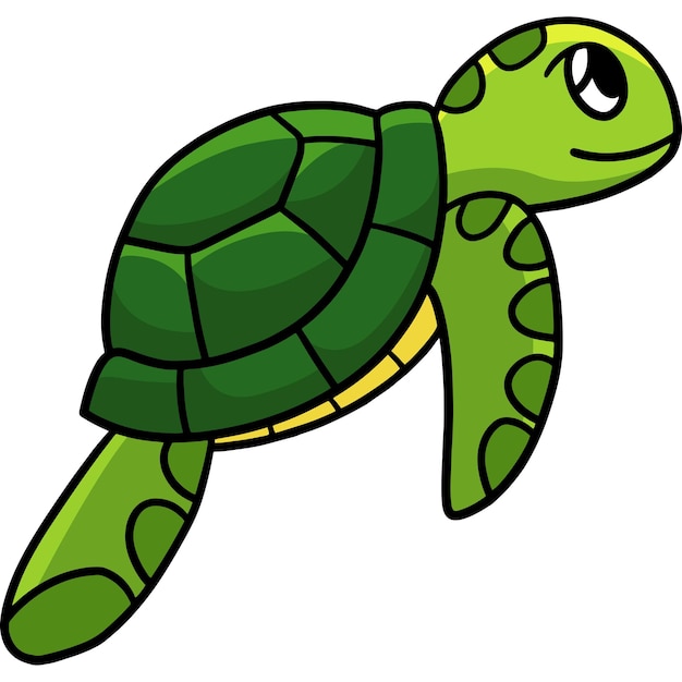Friendly green cartoon sea turtle swimming with a smiling face and patterned shell.