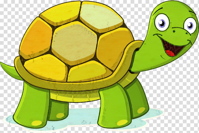 Cheerful green cartoon turtle with yellow shell standing in a puddle, smiling broadly.