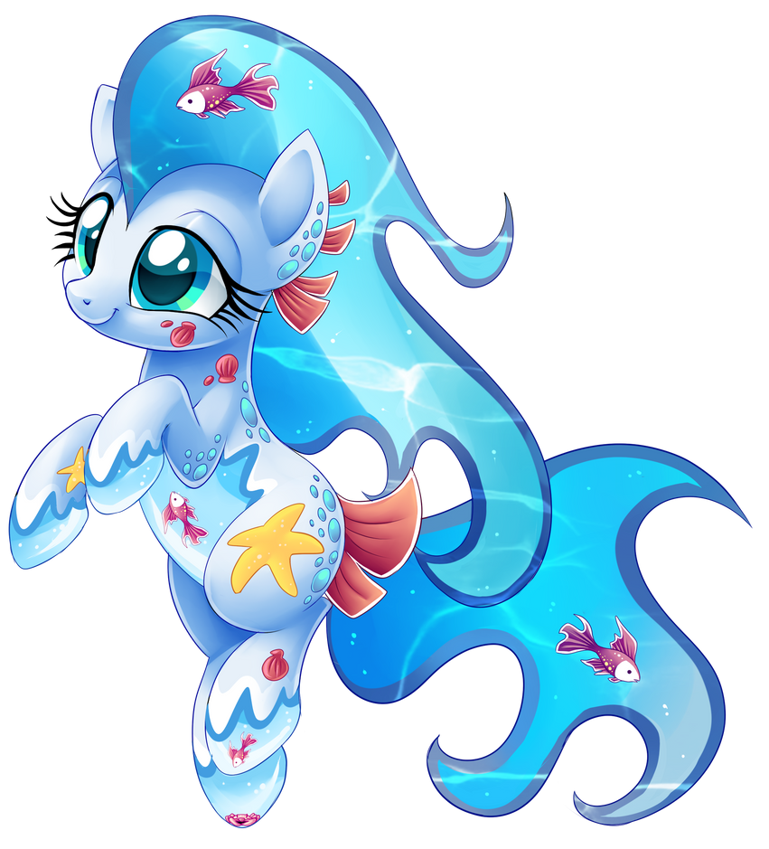 A blue aquatic pony with flowing water mane, starfish, seashells, and fish swimming around its translucent body.