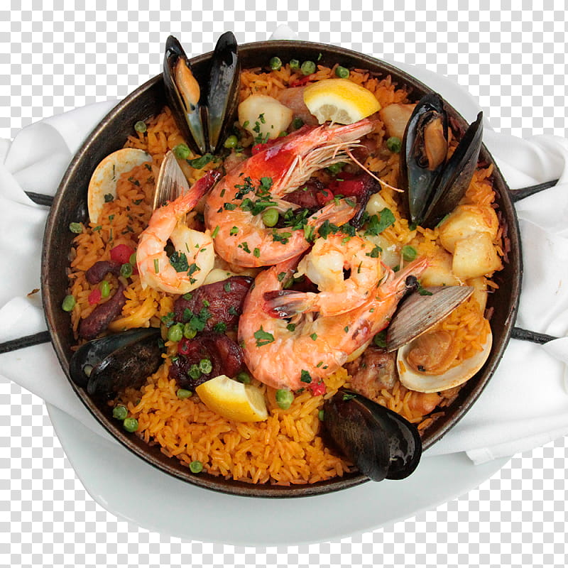 A vibrant seafood paella in a traditional pan, featuring shrimp, mussels, clams, chorizo, peas, lemon wedges, and saffron rice.