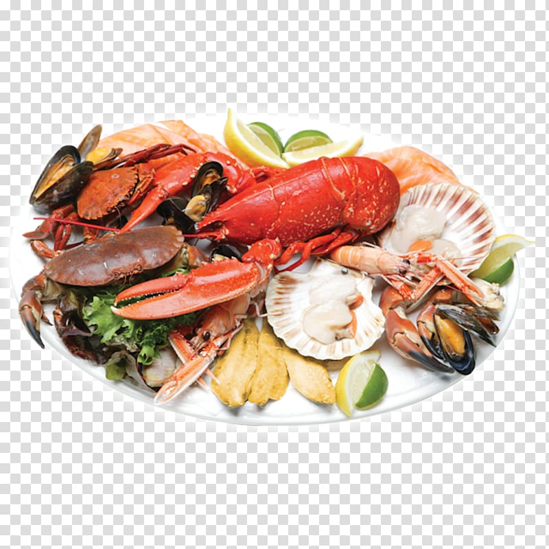 A lavish seafood platter featuring lobster, crab, scallops, mussels, shrimp, lemon wedges, and lettuce on a white oval plate.