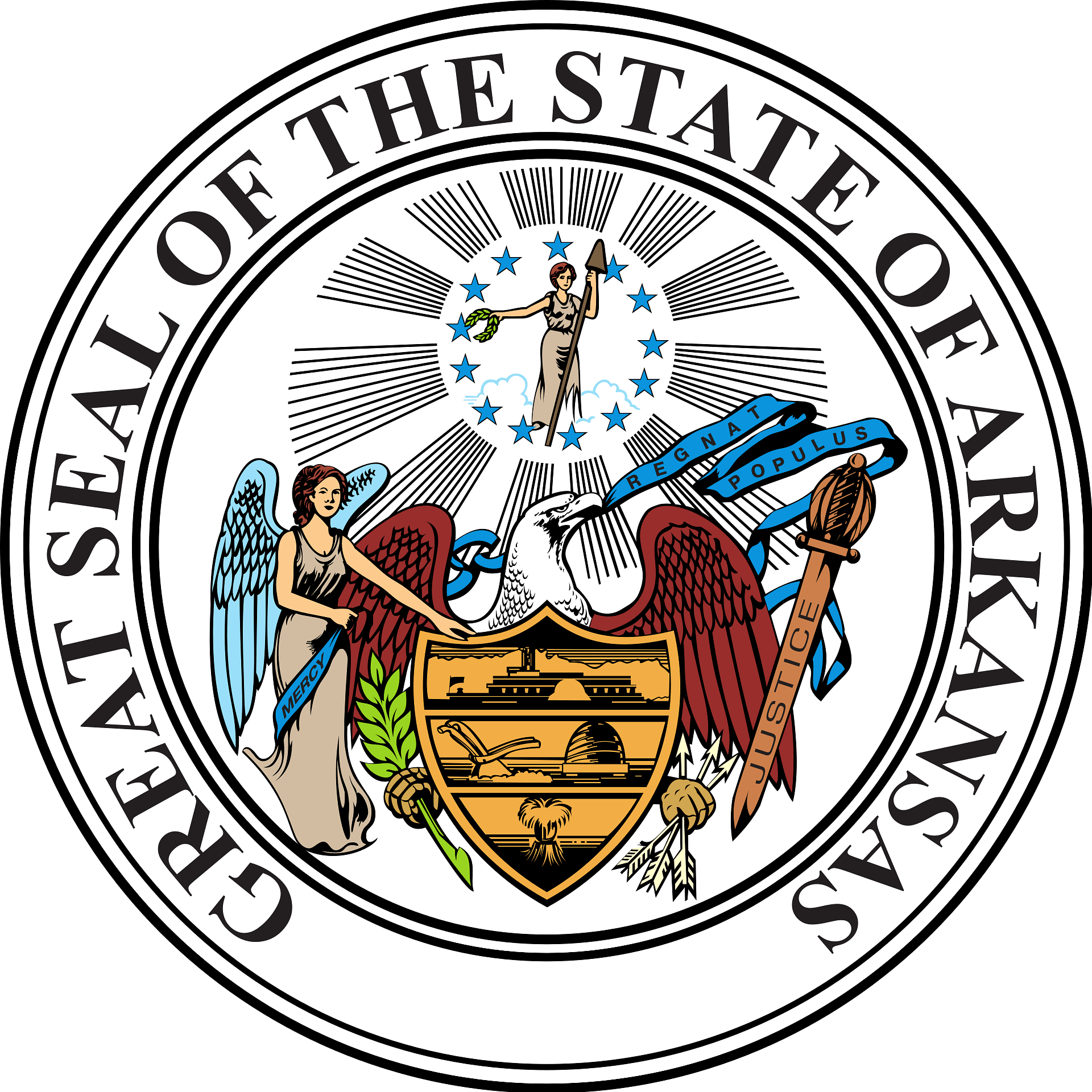 Official seal of the State of Kansas featuring an eagle, shield, angel, and motto "Ad Astra Per Aspera".