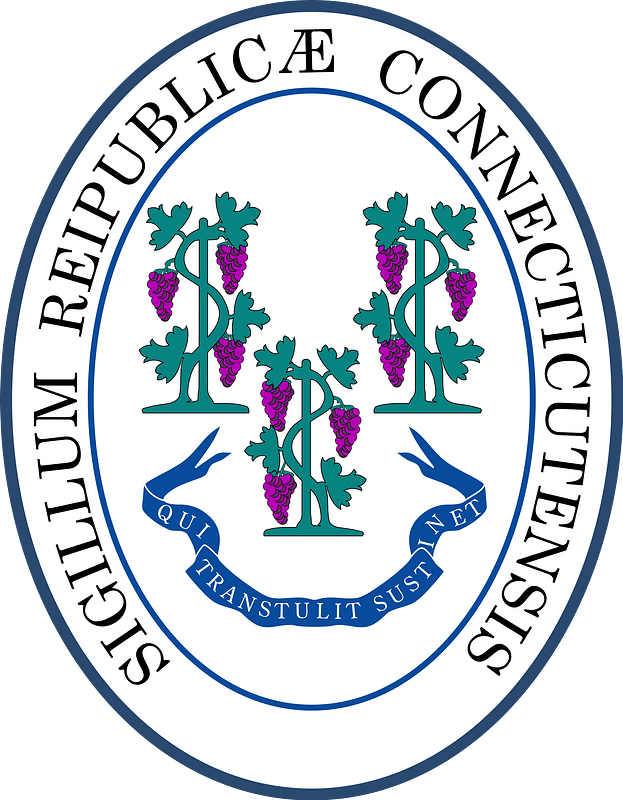 Seal of the State of Connecticut featuring grapevines, a blue ribbon with Latin motto, and encircling text in Latin.