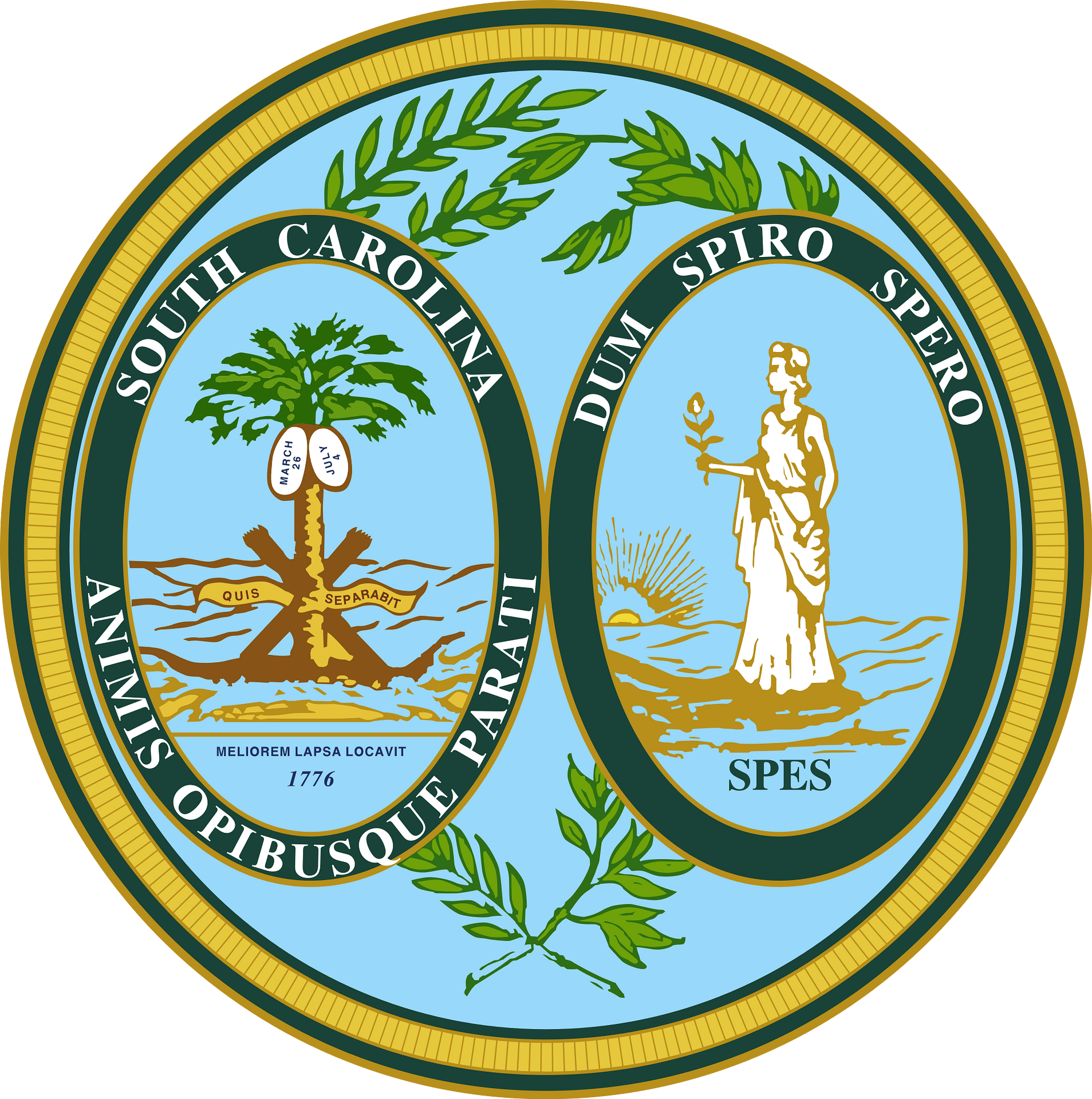 Official seal of South Carolina featuring palmetto tree, crescent moon, and allegorical figure with Latin mottoes.