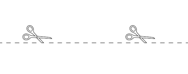 Two line-drawn scissors positioned on a dashed cutting line, symbolizing裁剪 or editing.