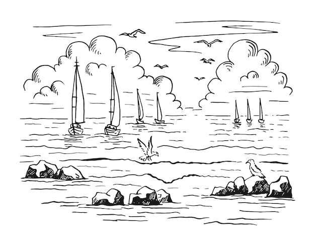 Black-and-white line drawing of sailboats on the sea, seagulls flying, clouds above, and rocks in the foreground.