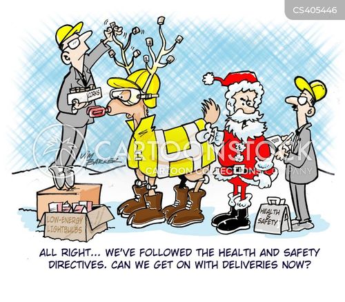 A cartoon showing Santa Claus and construction workers discussing health and safety compliance before deliveries.