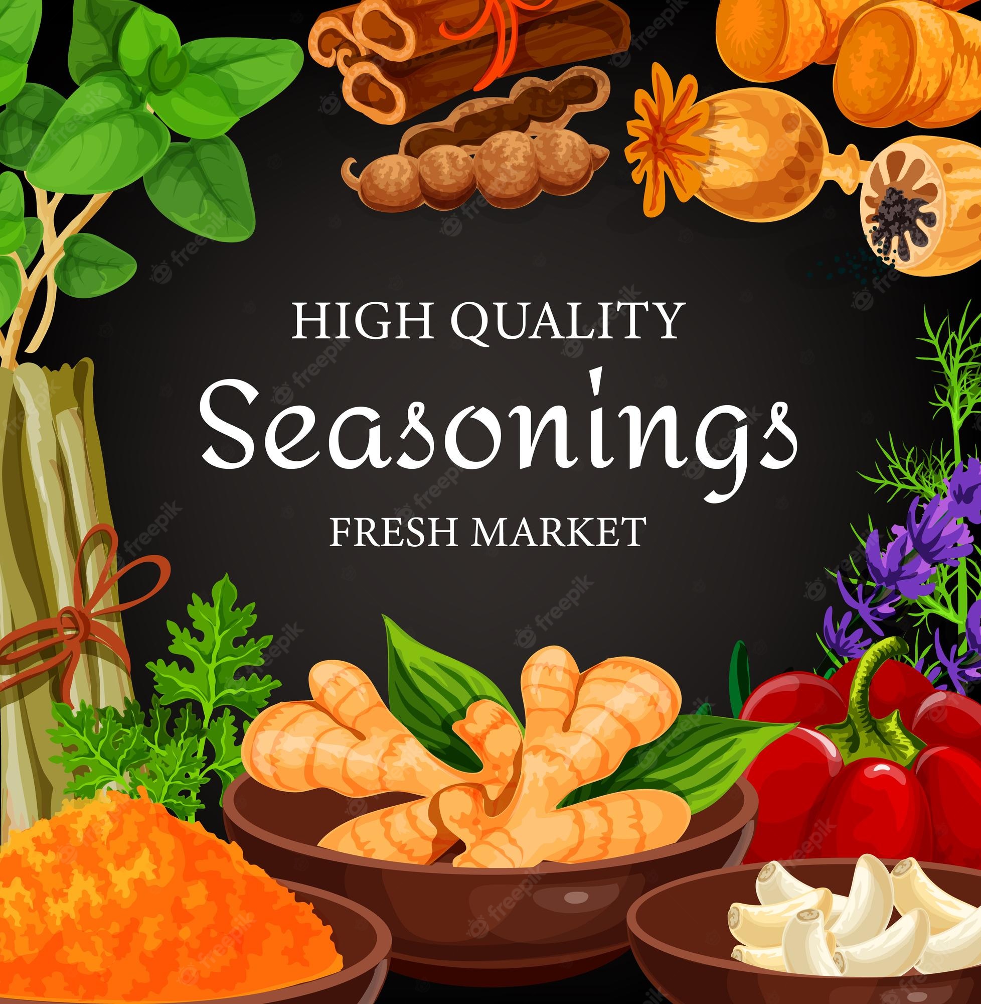 High-quality seasonings display including turmeric, ginger, cinnamon, garlic, herbs, and spices on a dark background.