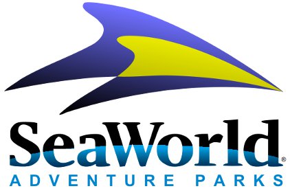 SeaWorld Adventure Parks logo featuring a stylized blue and yellow orca silhouette above bold text branding.