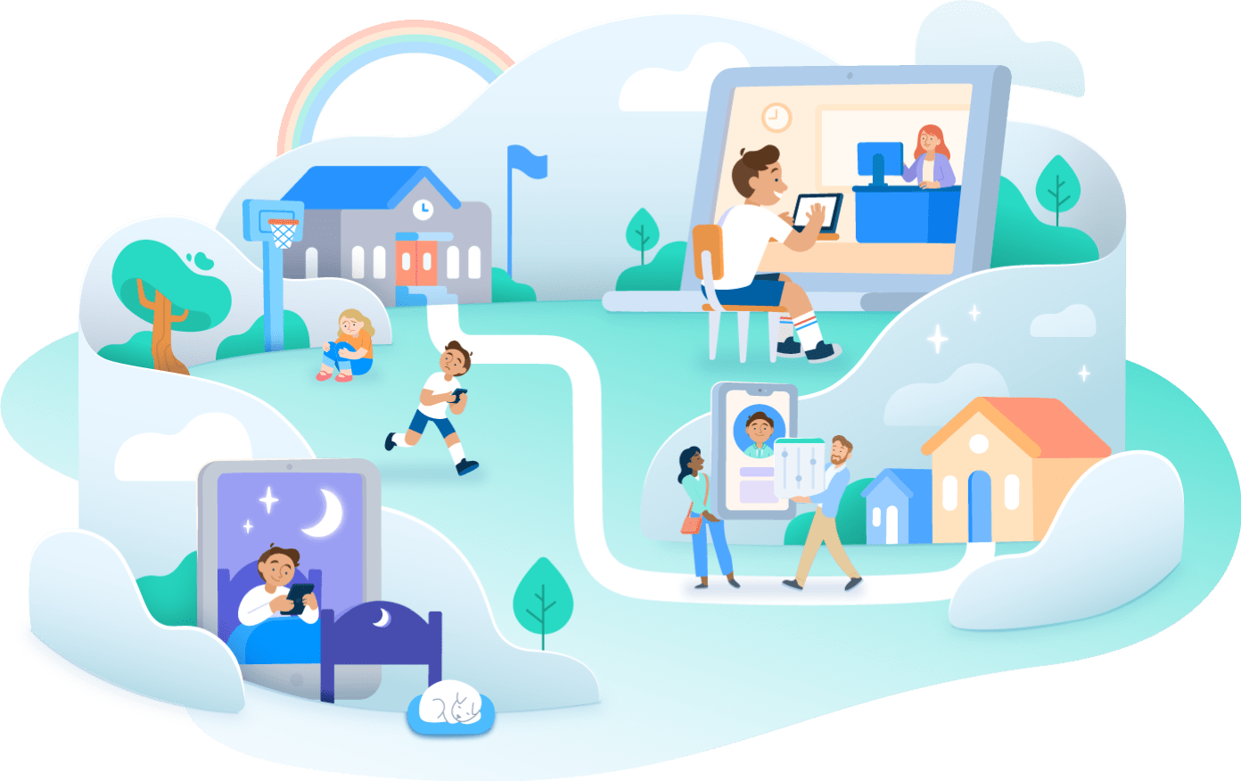 Illustrated scene showing remote learning, telehealth, family life, and digital connectivity across school, home, and mobile devices.