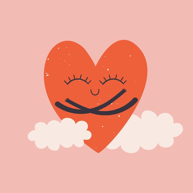 A smiling orange heart with closed eyes and crossed arms, floating on clouds against a soft pink background.