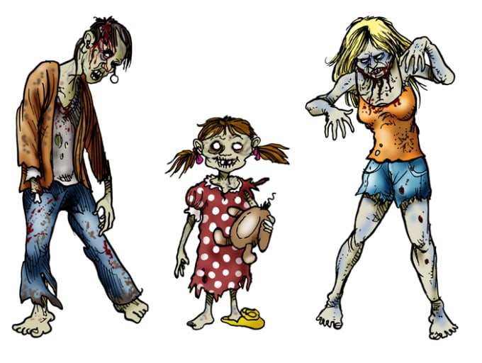 Three cartoon-style zombies: a man in tattered clothes, a girl in a polka-dot dress holding a doll, and a woman in shorts and tank top.