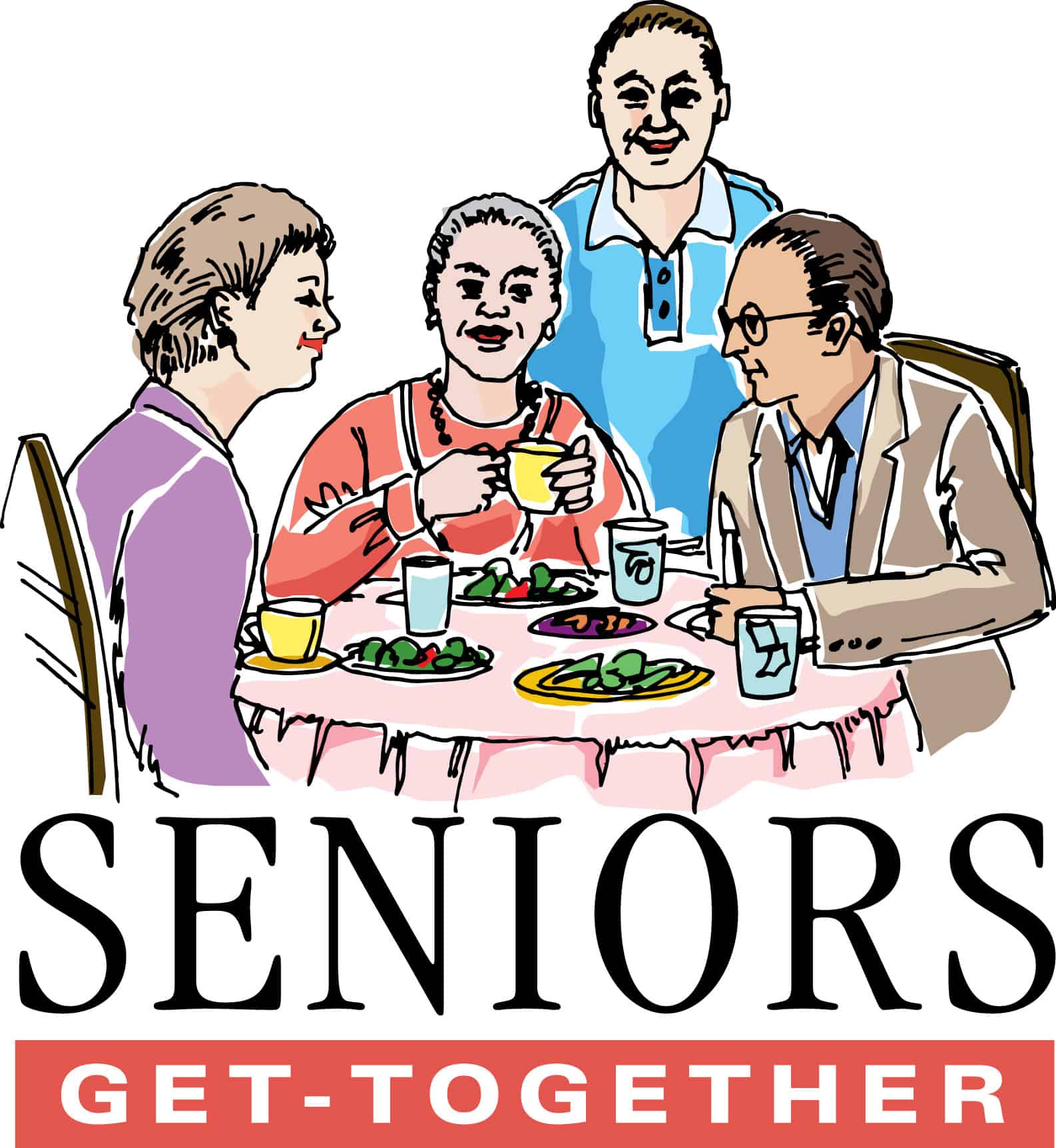 Four seniors enjoying a meal together at a round table with food and drinks, smiling and conversing warmly.