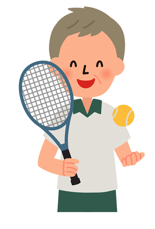 Smiling older man holding a tennis racket and ball, ready to play.