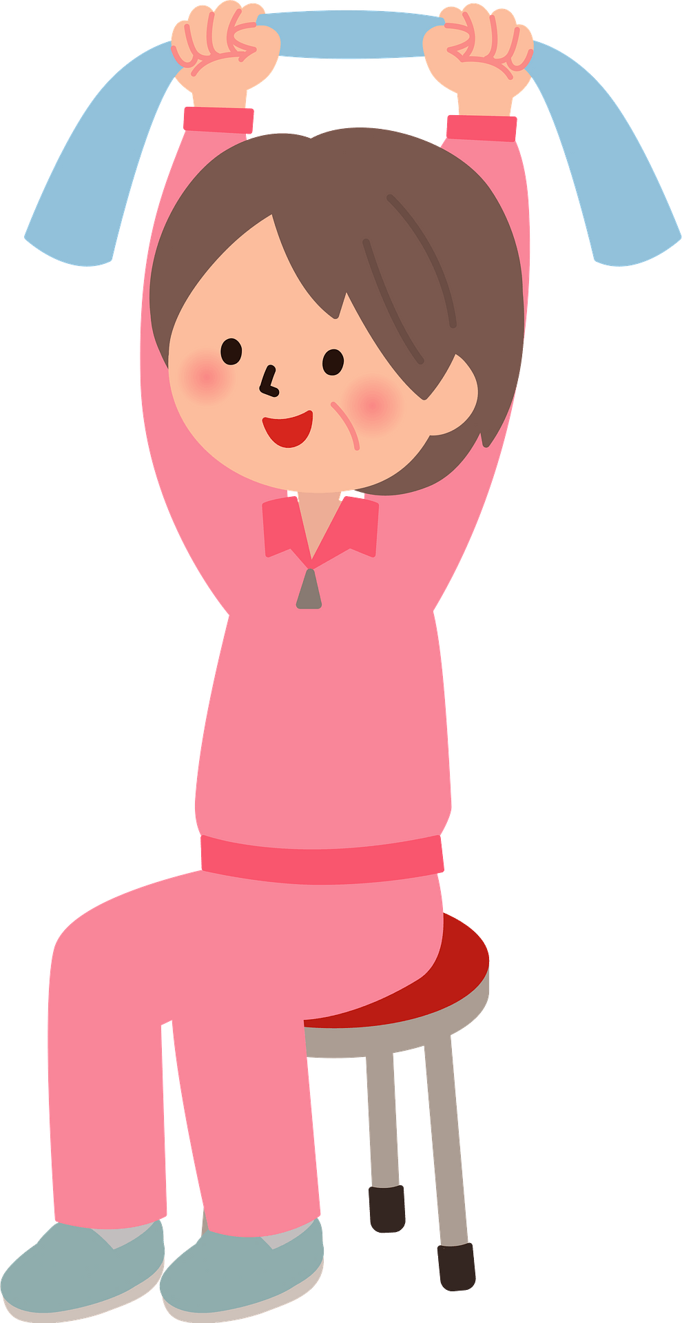 A smiling woman in pink pajamas sits on a stool, stretching upward with a blue resistance band.