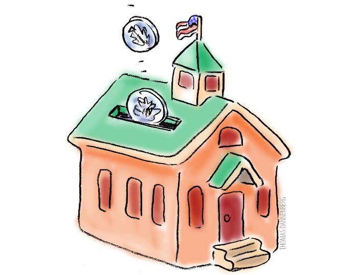 A cartoon schoolhouse with coins dropping into a slot on its roof, symbolizing education funding or school taxes.